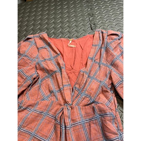 Free People Miss Molly Red and Blue Plaid Deep V Neck Dress Size‎ 4 - Picture 4 of 11